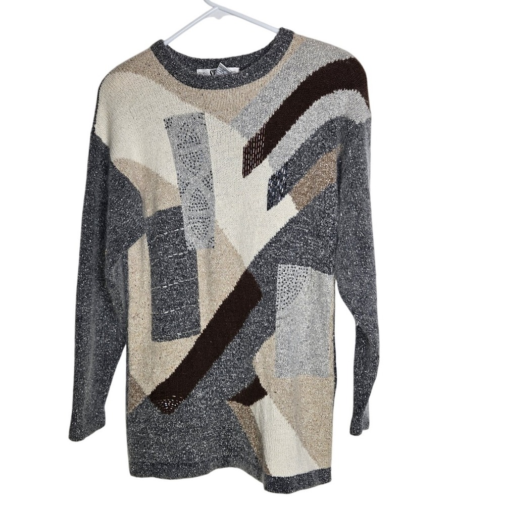 Segue Vintage 80s 90s Abstract Art Grey Sweater Silk Angora Rabbit Beaded Knit S
